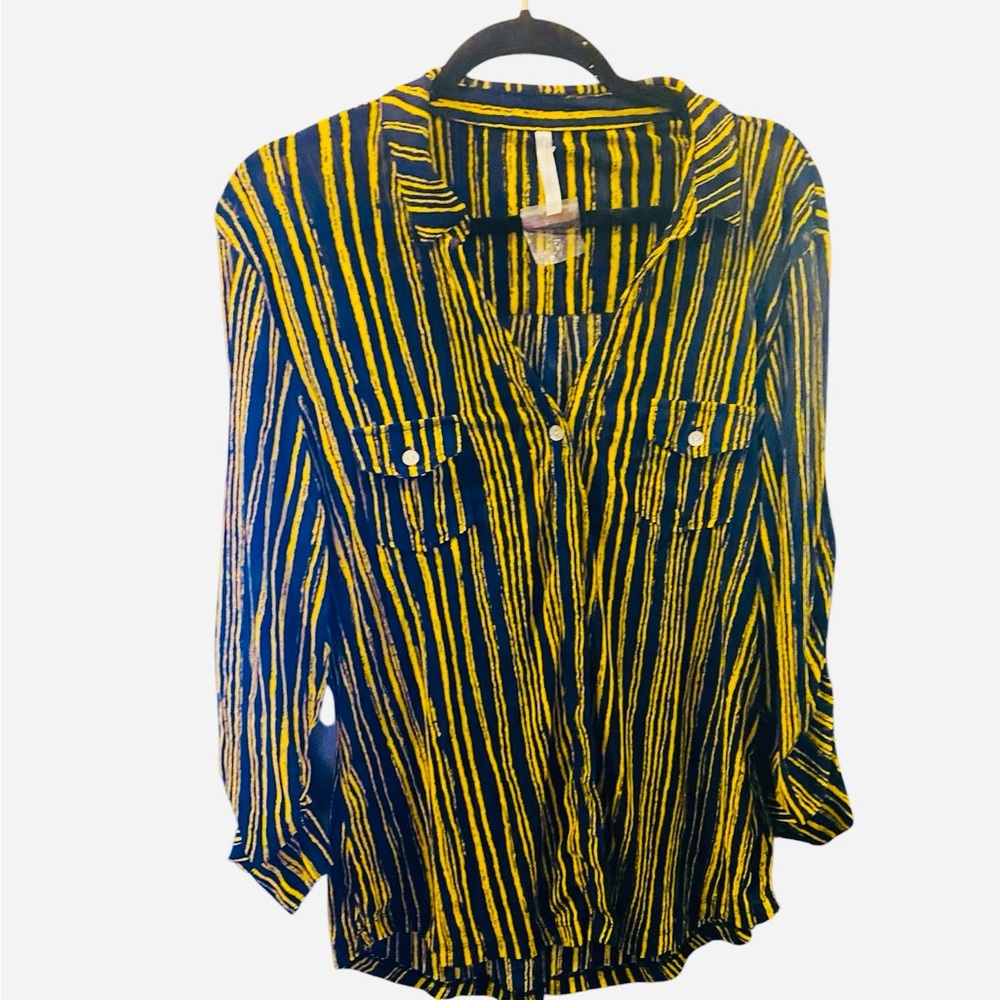 NWOT .. DNA couture Yellow and navy blue Striped Button-Up Blouse